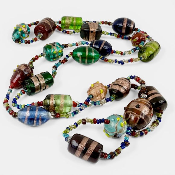 Vintage Jewelry - Vintage 1960s Venetian Lampwork Glass Necklace, Aventurine Art Glass Beads